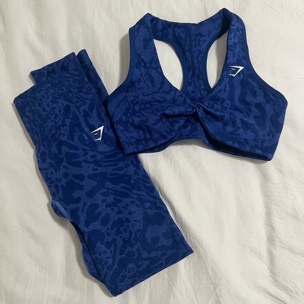 Gymshark Royal Blue Animal Print Patterned Twist-Front Sports Bra and Leggings